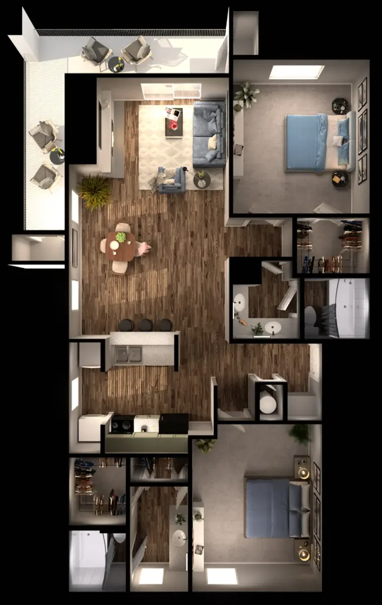 An architectural floor plan of a modern apartment, showcasing distinct rooms such as a kitchen, living area, and multiple bedrooms with labeled spaces and furniture arrangements.