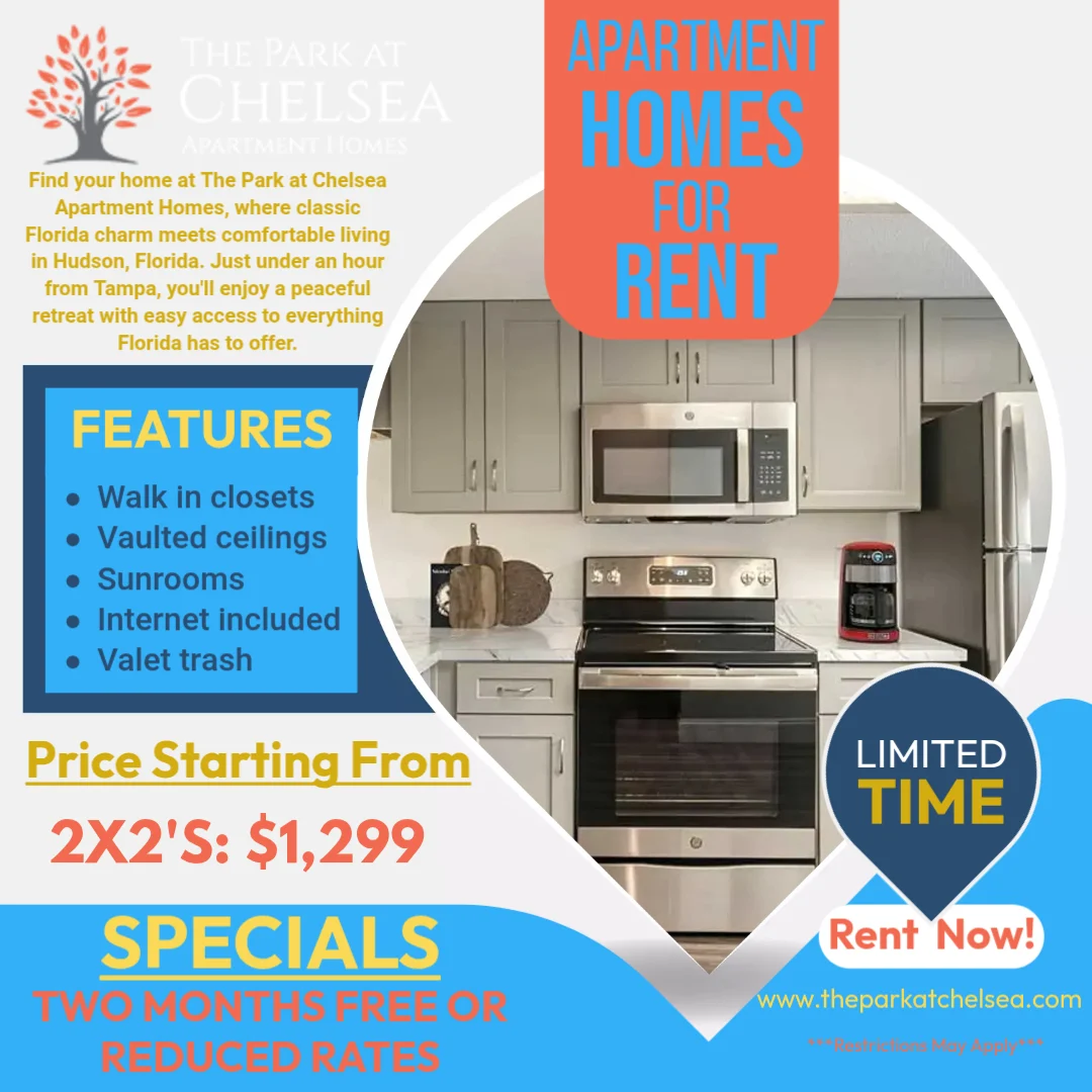 Promotional flyer for The Park at Chelsea Apartment Homes featuring a modern kitchen with appliances and information on rental details.