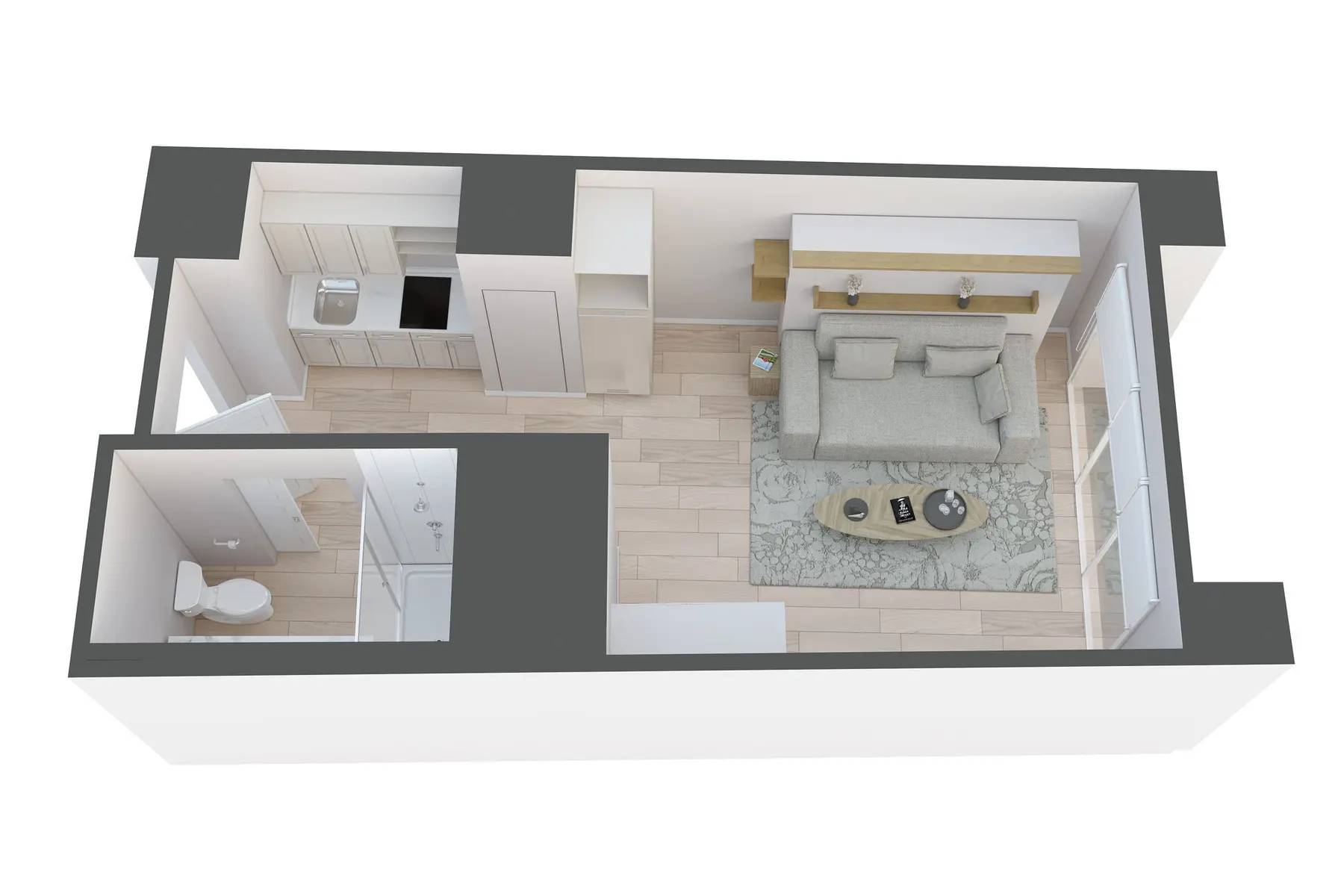 Compact Modern Apartment Layout A top-down view of a small modern apartment layout featuring a living area with a sofa, coffee table, and a kitchenette. There is also a separate bathroom area.