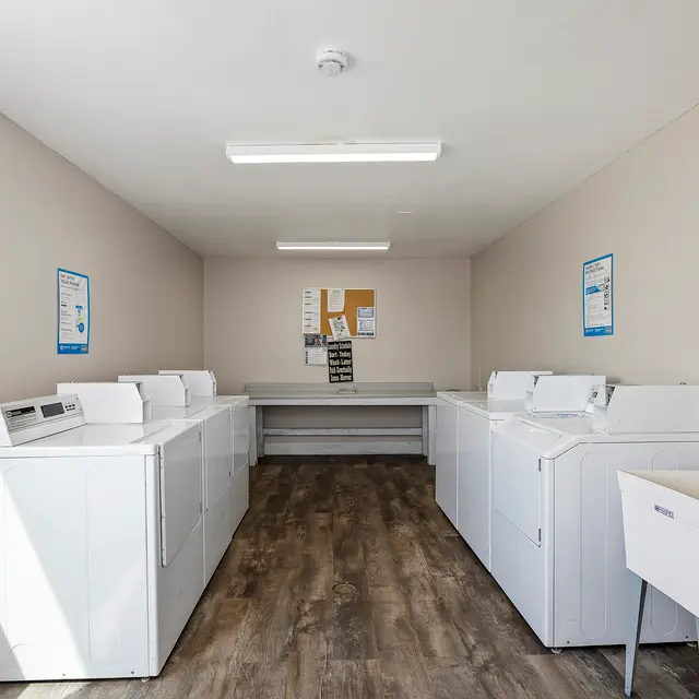 Clean and Spacious Laundry Room A spacious laundry room featuring several white washing machines and a utility sink, with a light wood floor and beige walls.