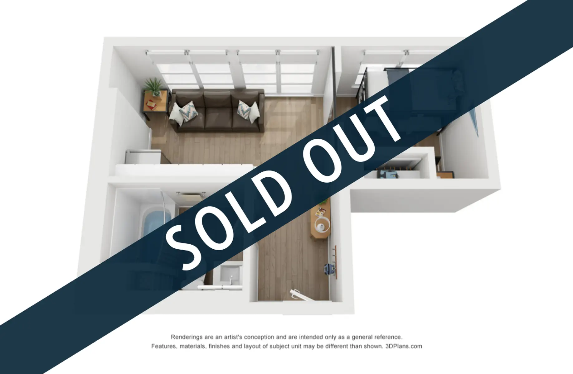 A top-down view of a floor plan with 'SOLD OUT' stamped across it. The layout includes a living area, kitchen, and bedroom, with furniture placements indicated. The background shows artistic renderings of the space.