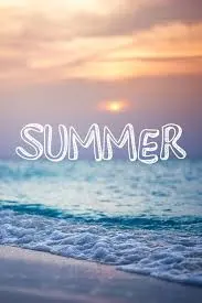A serene beach scene with gentle waves lapping at the shore and a colorful sunset in the background, featuring the word 'SUMMER' in a playful font.