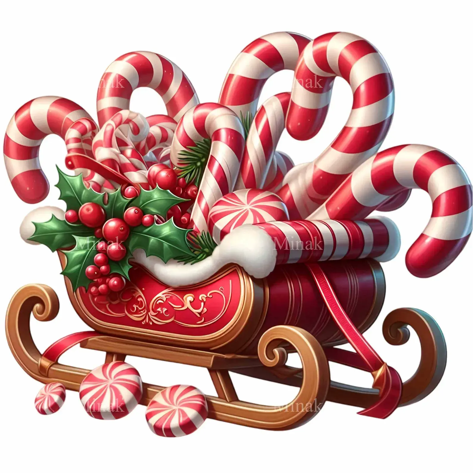 A festive sleigh filled with candy canes, red and white striped, surrounded by holly and candy ornaments.