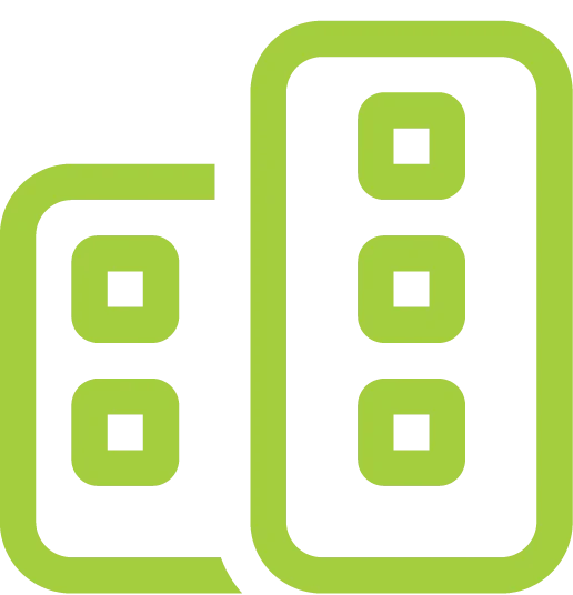 A simple graphic representation of two rectangular brick shapes with three dots inside each rectangle, colored in a bright green shade.
