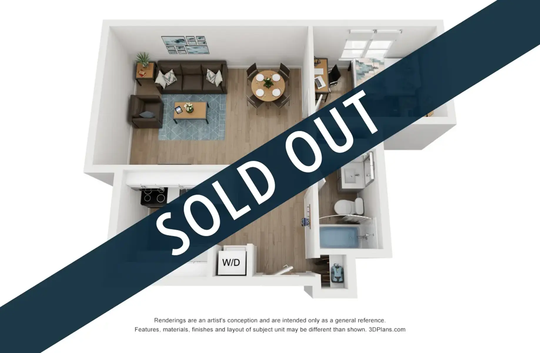 A 3D floor plan of an apartment layout marked with the text 'SOLD OUT' across it.
