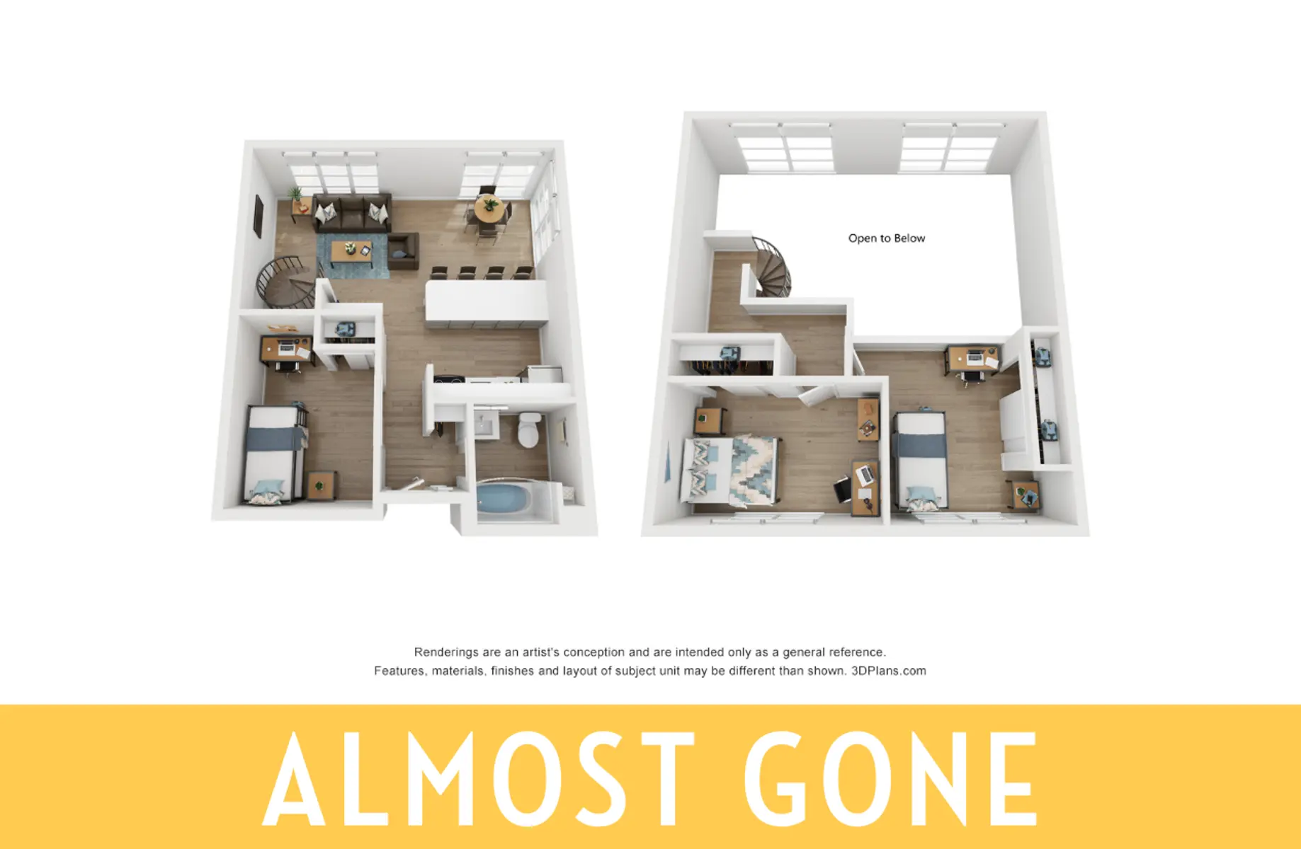 A floor plan image showing two separate layouts of an apartment. The left side features two bedrooms, a bathroom, and a common living area. The right side shows a different layout with an open space and angled staircase. At the bottom, there is a bold yellow banner that states 'ALMOST GONE'.