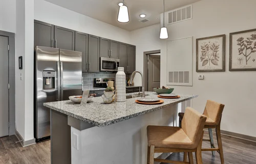 Stylish Modern Kitchen Interior A modern kitchen featuring stainless steel appliances, a large granite countertop island with bar stools, and decorative vases on the counter. The cabinets are dark grey, and there are framed botanical artworks on the wall.