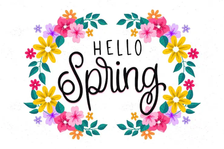 A colorful illustration featuring the text 'Hello Spring' surrounded by various flowers and green leaves.