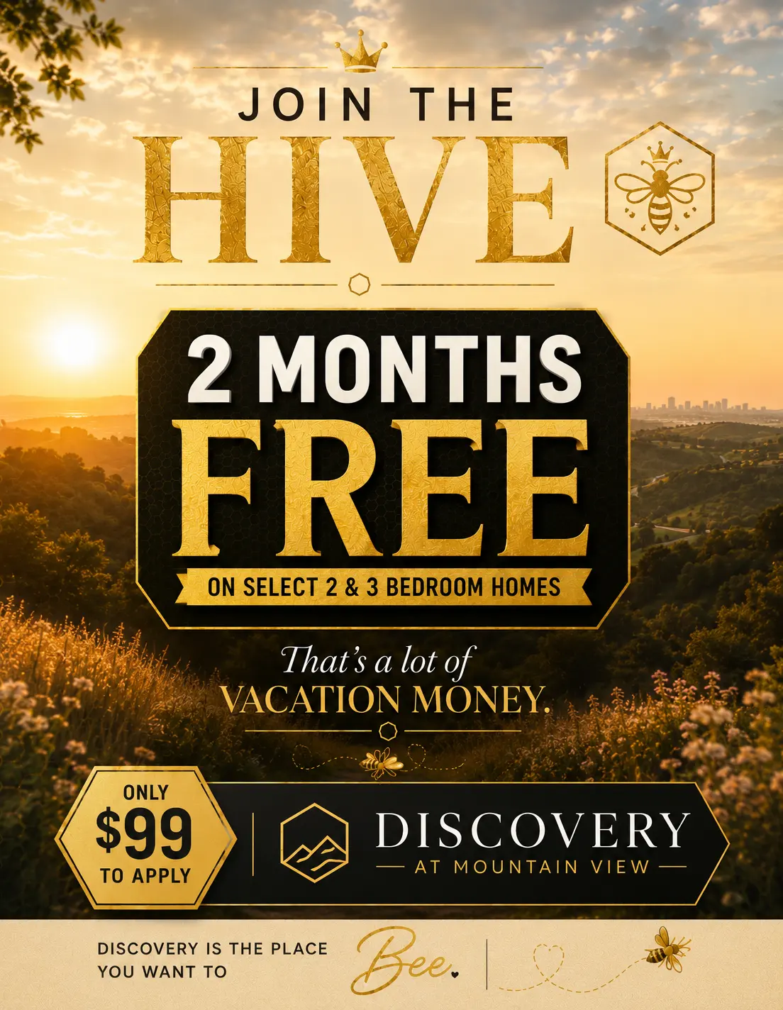 Promotional poster for Discovery at Mountain View offering two months free rent on select homes.