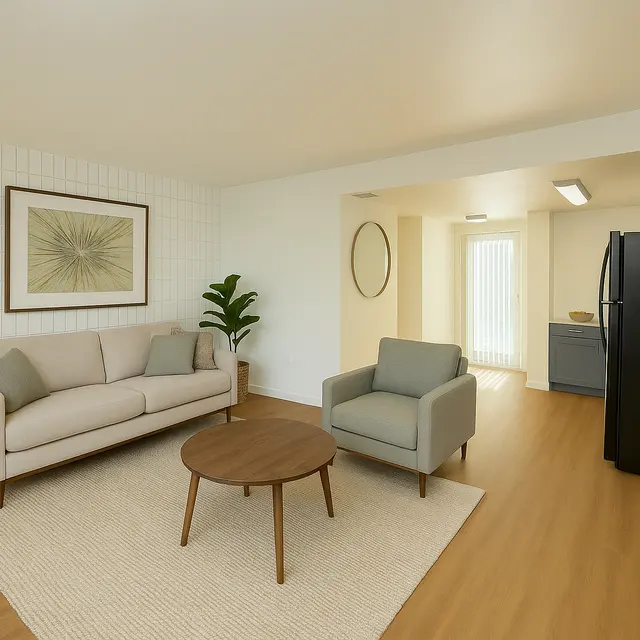 Modern Living Room Interior A modern living room featuring a light-colored sofa, a small round coffee table, and a blue accent chair. There is a lamp beside the sofa and a green plant in the corner. The space has a neutral color palette with wooden flooring and a kitchen area visible in the background.