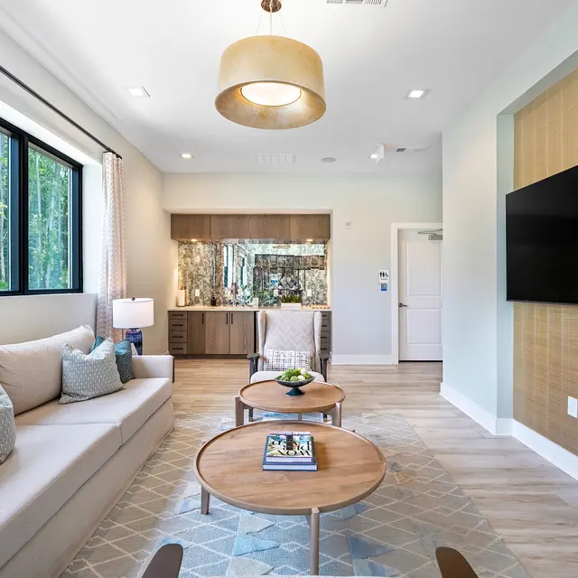Stylish Modern Living Room A modern living room featuring a light-colored sofa with decorative cushions, two round wooden coffee tables, and a wall-mounted television. Large windows allow natural light to fill the space, and there is a small lamp on a side table. The decor is minimalistic and stylish, with bamboo or greenery visible outside the windows.