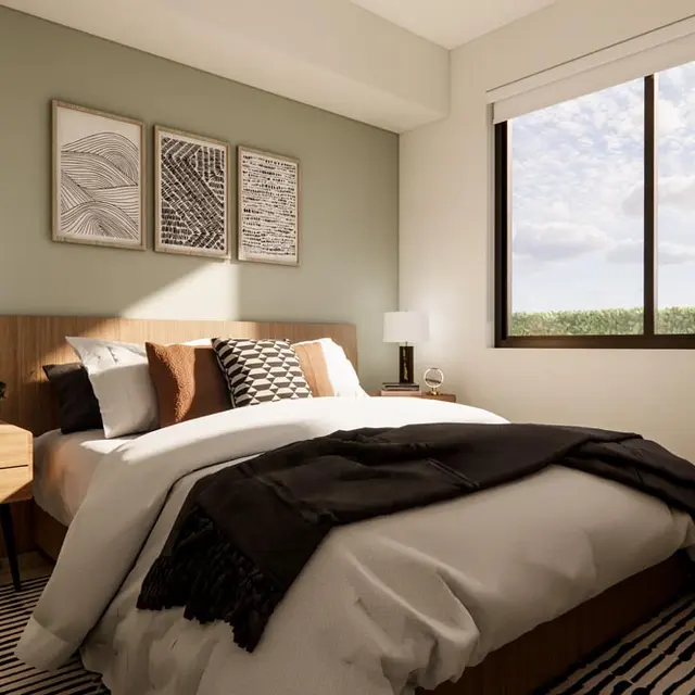 Modern Bedroom Interior A modern bedroom featuring a large bed with white and dark bedding, a wooden nightstand with a lamp, and artwork on the wall. A large window allows natural light to enter, showcasing green outdoor scenery.