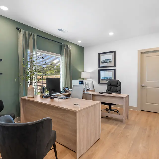 A modern office space featuring a wooden desk with a computer, a black office chair, and two black chairs. The walls are painted a soothing green with curtains hanging by the window. A painting is visible on one wall.