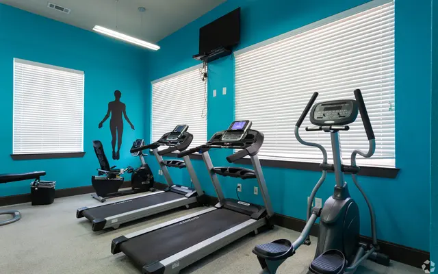 Interior of a gym with turquoise walls featuring exercise equipment, including treadmills and an elliptical machine, with large windows and a silhouette of a person on the wall.
