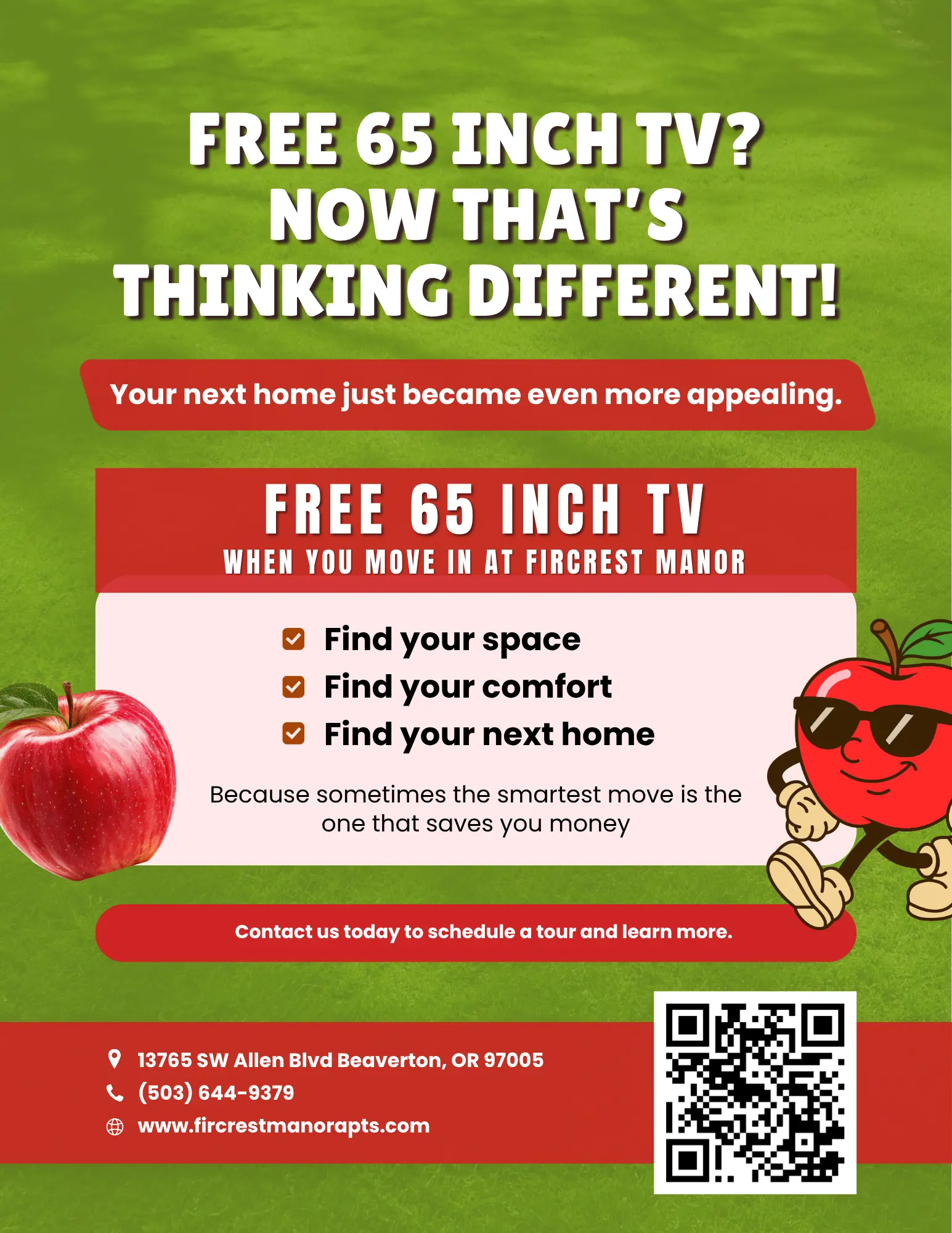 Promotional flyer for Fircrest Manor offering a free 65-inch TV with new leases.