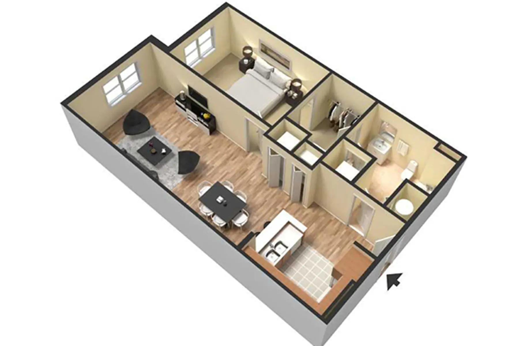 A 3D floor plan of a simple apartment layout showcasing a living area, dining area, kitchen, bedroom, and bathroom.