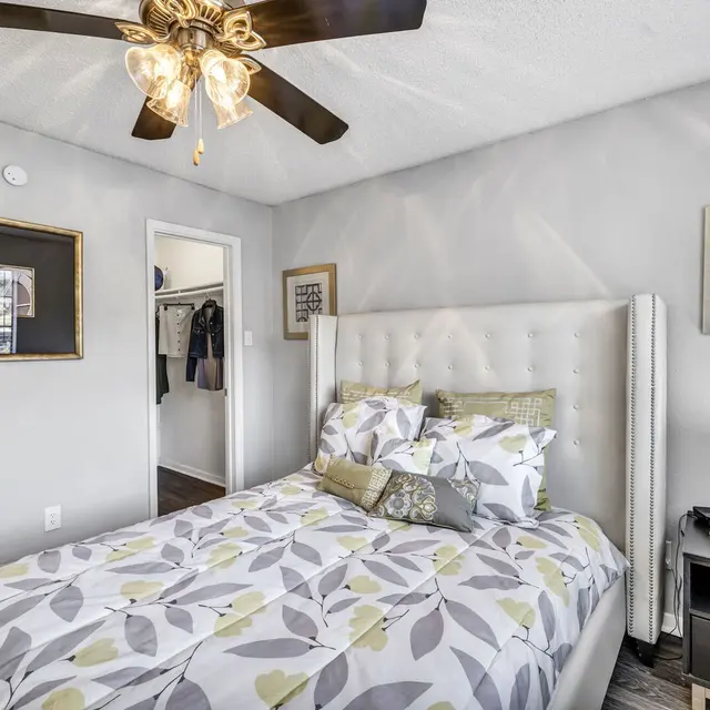 Cozy bedroom with a queen bed, decorative bedding, a ceiling fan, nightstand, and a closet door in the background.