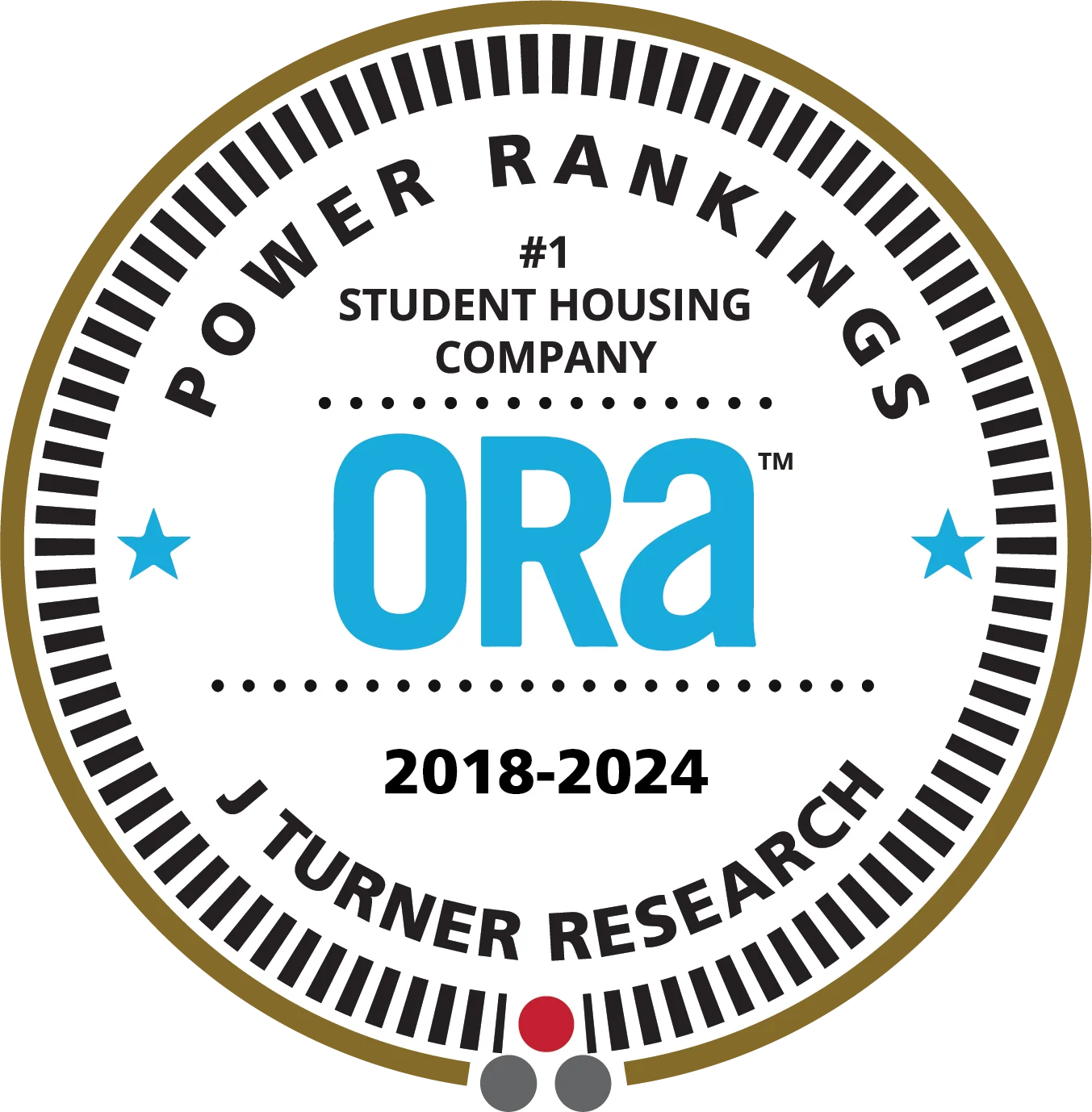 Seal displaying Power Rankings for a student housing company, featuring the name 'ORA' and the years 2018-2024.