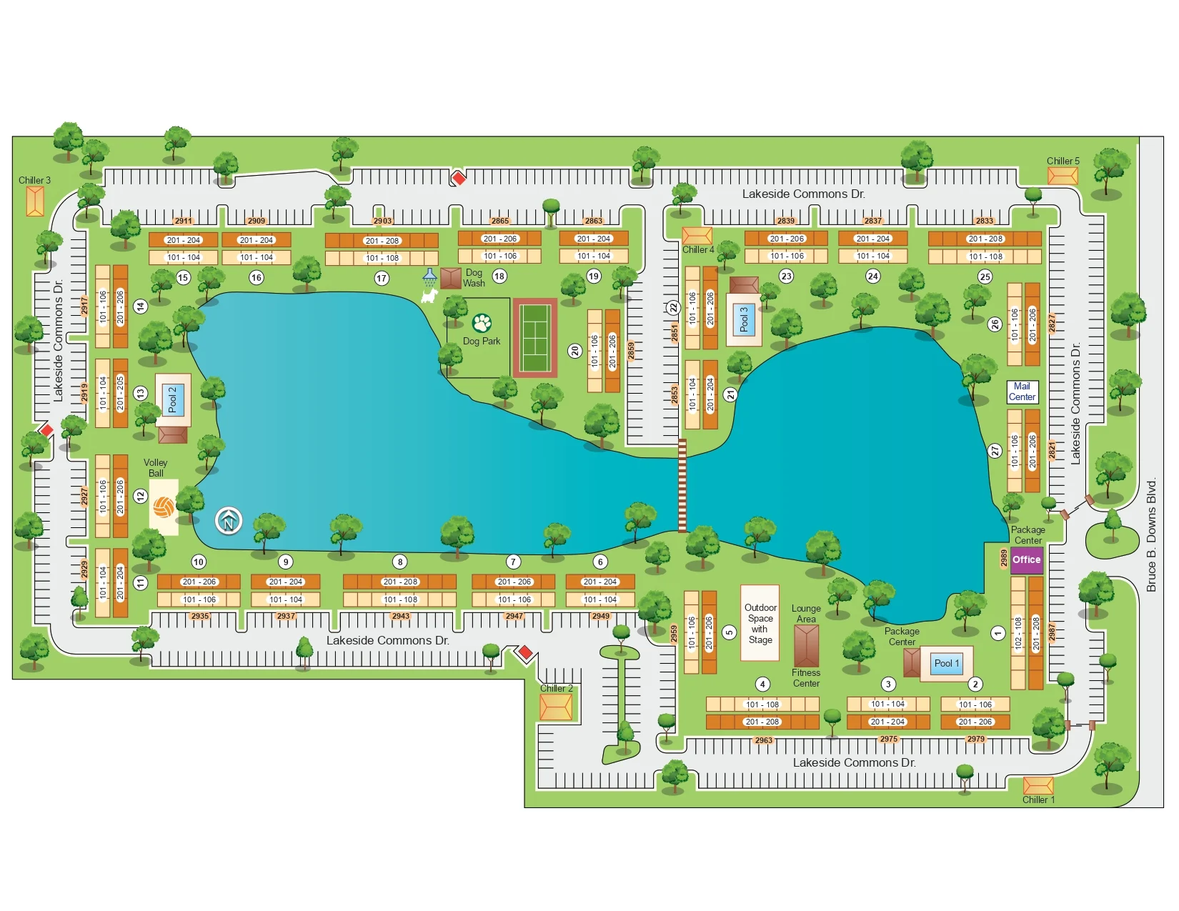 A detailed architectural floor plan of a community featuring multiple residential units surrounding two lakes, with designated parking areas, walking paths, and amenities like pools and playgrounds.