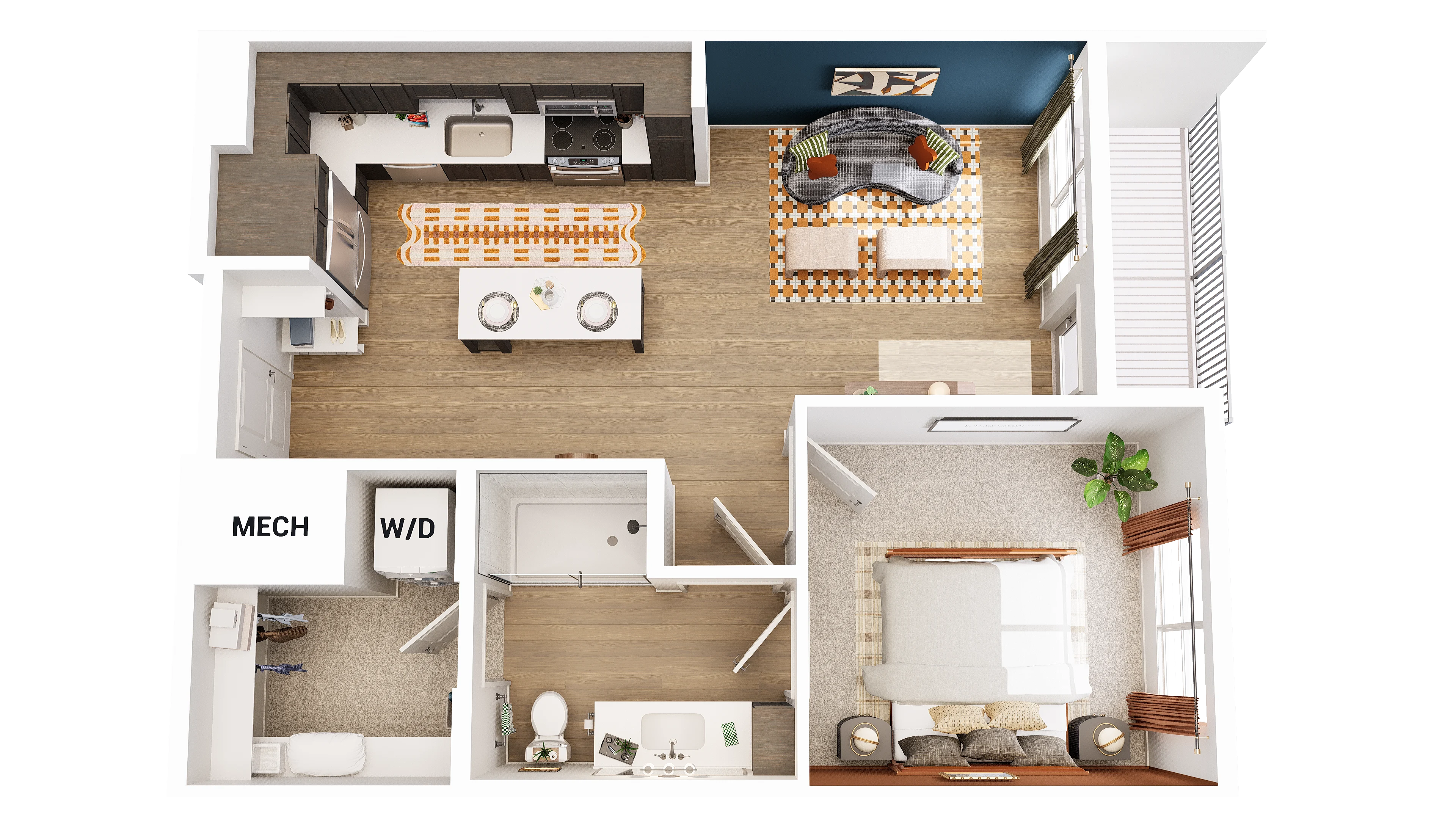 A top-down view of a one-bedroom apartment layout featuring a living room, kitchen area, bedroom, and bathroom.