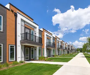 A modern apartment complex featuring multiple buildings with a well-maintained green lawn and a sidewalk.