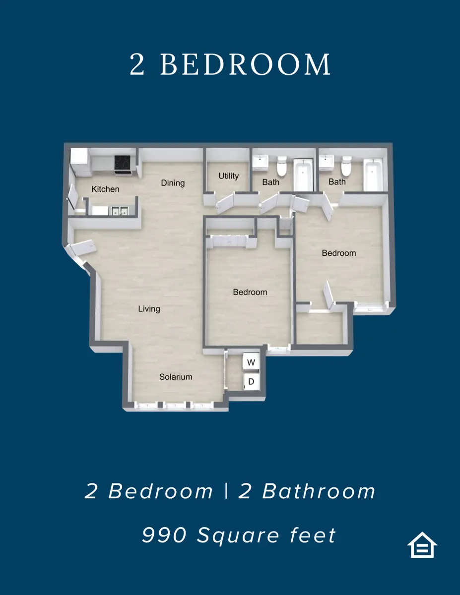 A 2-bedroom, 2-bathroom floor plan layout showing 990 square feet of living space. The layout includes a kitchen, dining area, utility room, living room, and a solarium.