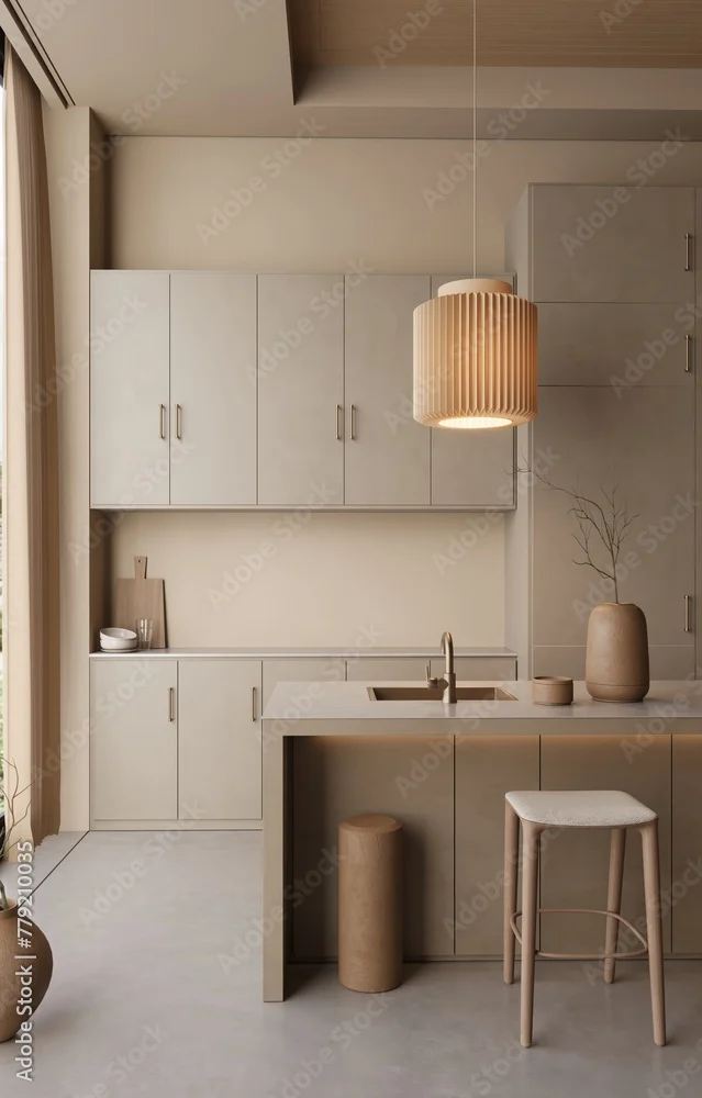Modern Kitchen Interior Design A modern kitchen with beige cabinetry, a pendant light, a sink, and minimalist decor. There's a wooden stool and a small round column beside the counter.