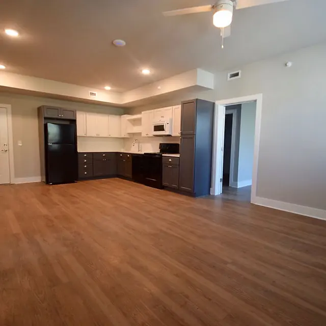 A spacious, modern apartment interior featuring a kitchen with dark cabinets and white countertops, a black refrigerator and stove, and wooden flooring. The living area is well-lit with ceiling lights and has a door leading to another room.