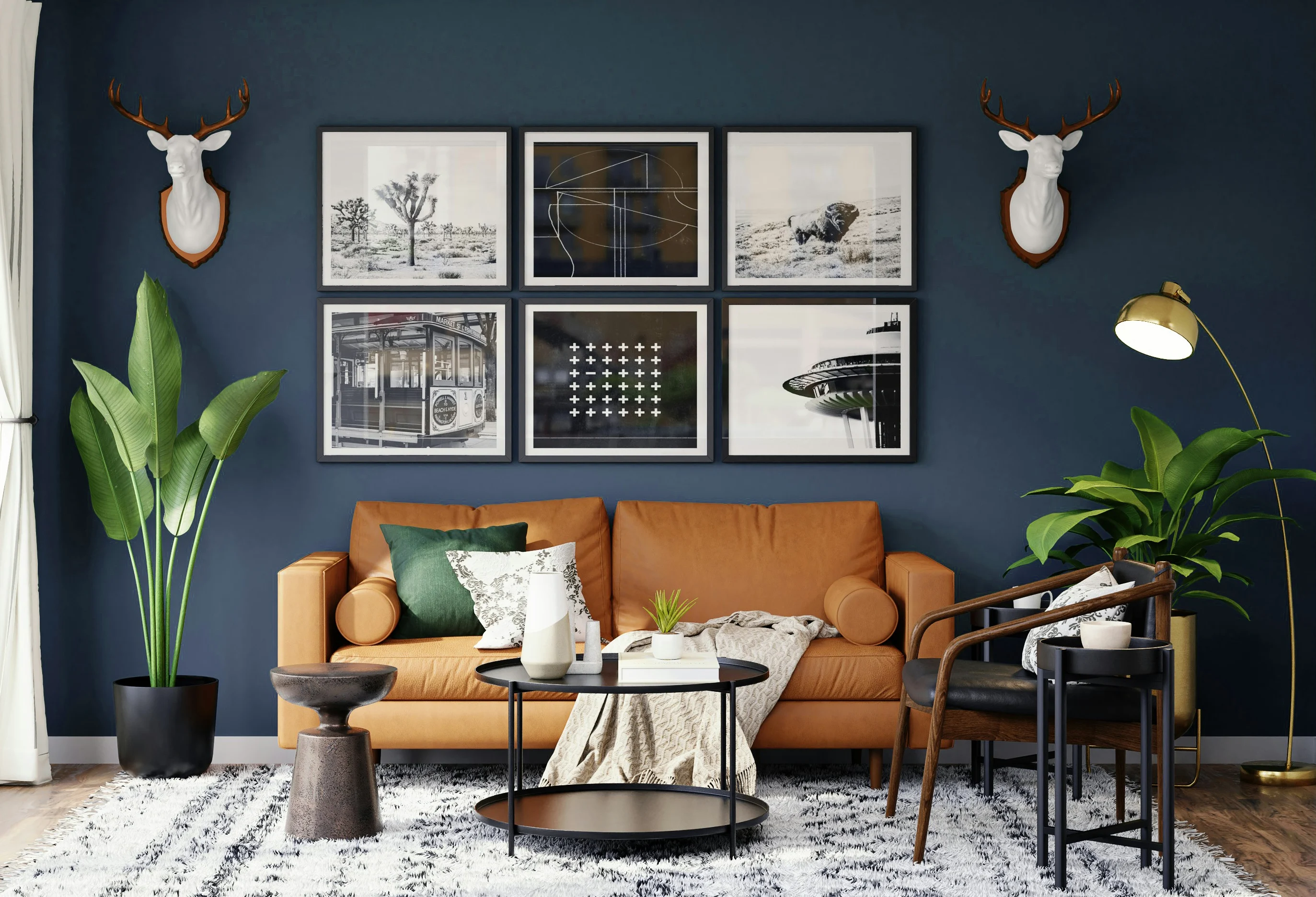 Modern Living Room Design A stylish modern living room featuring an orange sofa, framed artwork on a blue wall, and green plants.