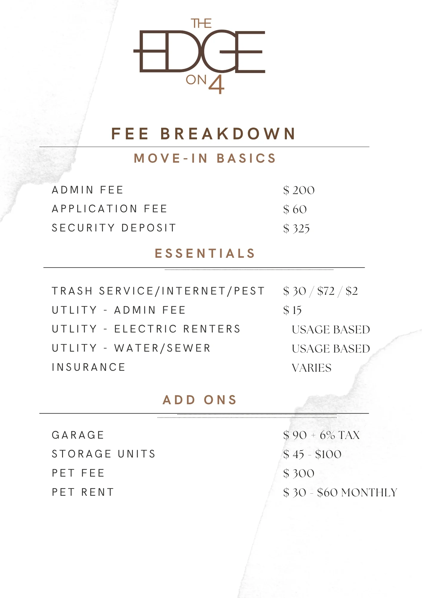 A document detailing the fee breakdown for The Edge on 4, including move-in basics and additional charges.