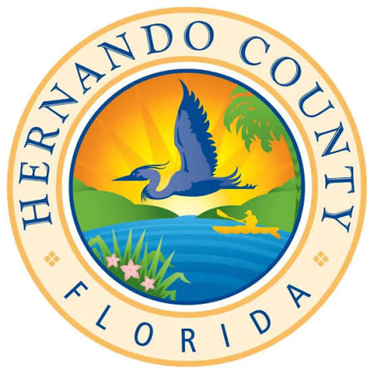 Hernando County Seal Seal of Hernando County, Florida, featuring a bird in flight over water with a person kayaking and a scenic sunset background.