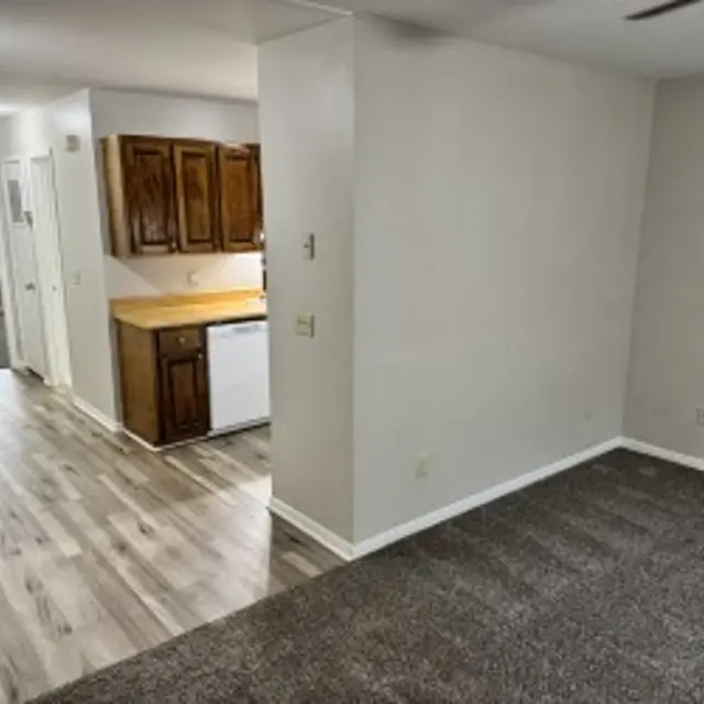 A spacious living area with carpet flooring, and a view of an open kitchen with brown cabinets. A hallway leads to another room.