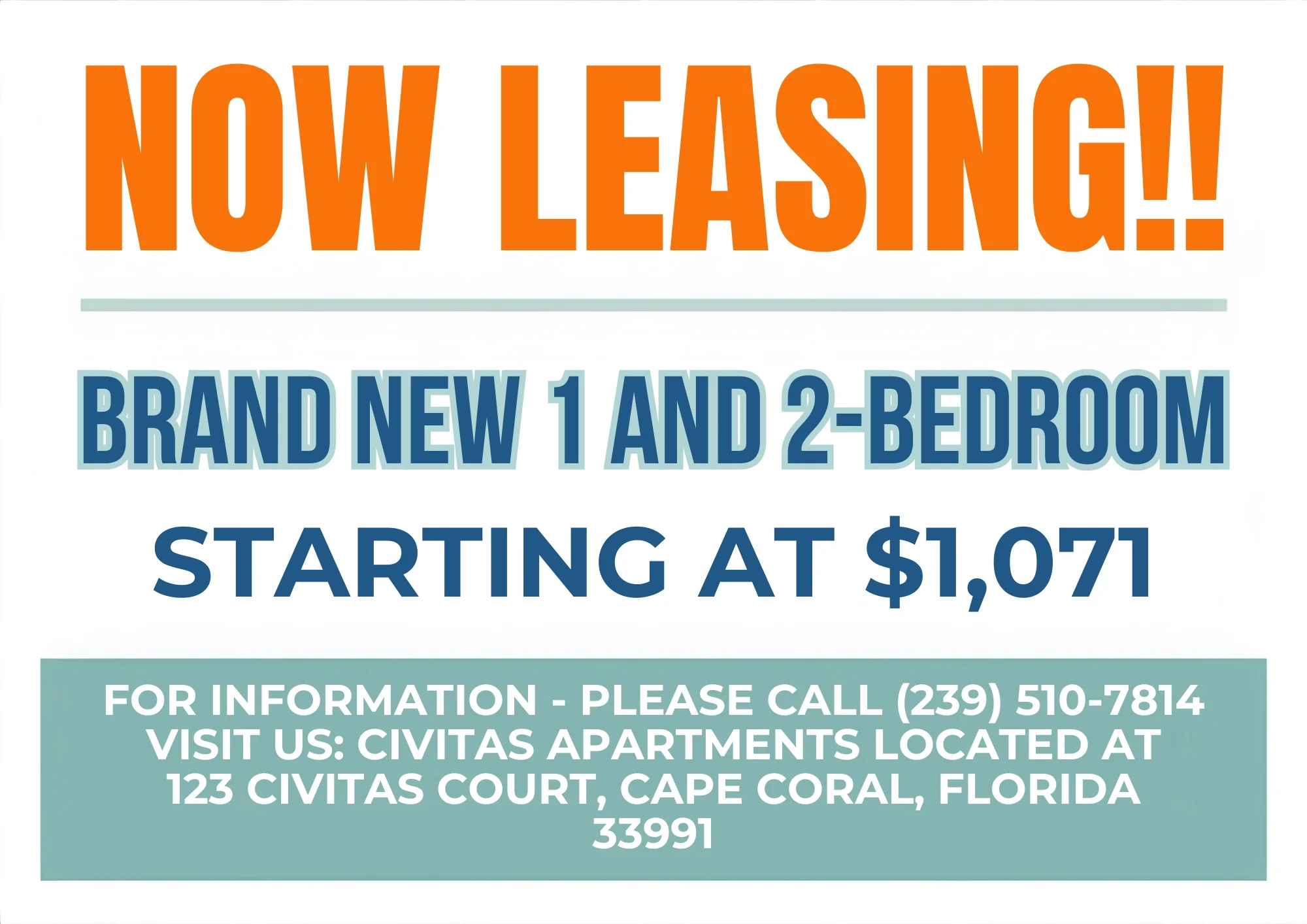 Leasing advertisement for brand new 1 and 2-bedroom apartments starting at $1,071.