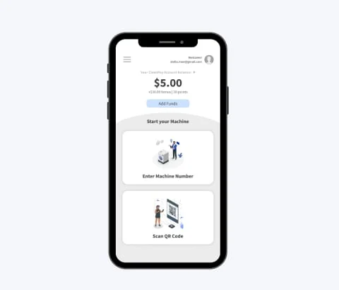 Mobile App Interface for Machine Operation A mobile app interface displaying a balance of $5.00 with options to start a machine by entering a number or scanning a QR code.