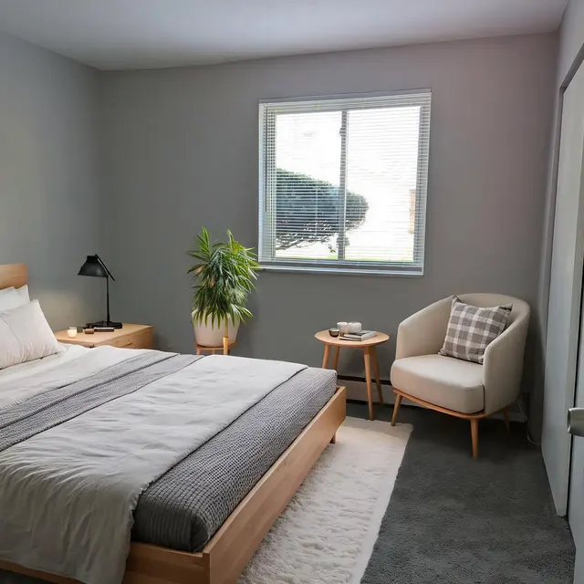 A modern bedroom featuring a wooden bed with white bedding, a potted plant, a bedside table with a lamp, and a small seating area with an armchair and side table.