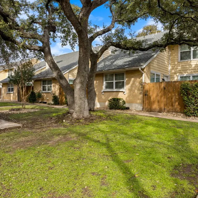 A sunny view of a residential outdoor area featuring a large tree and well-maintained lawn with shrubs and a fenced property in the background.