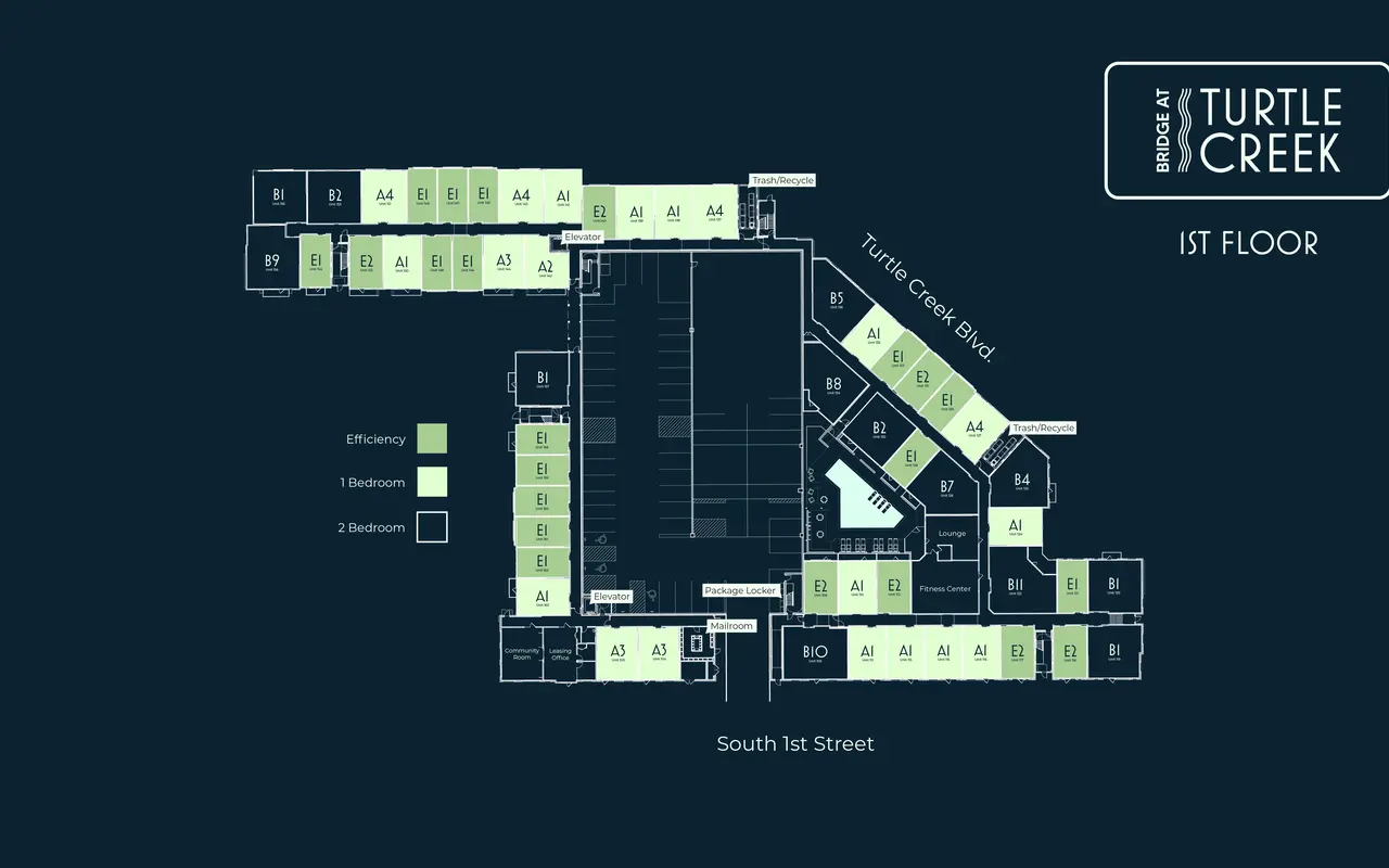 Map of the first floor layout at Turtle Creek, showcasing unit configurations and street names.