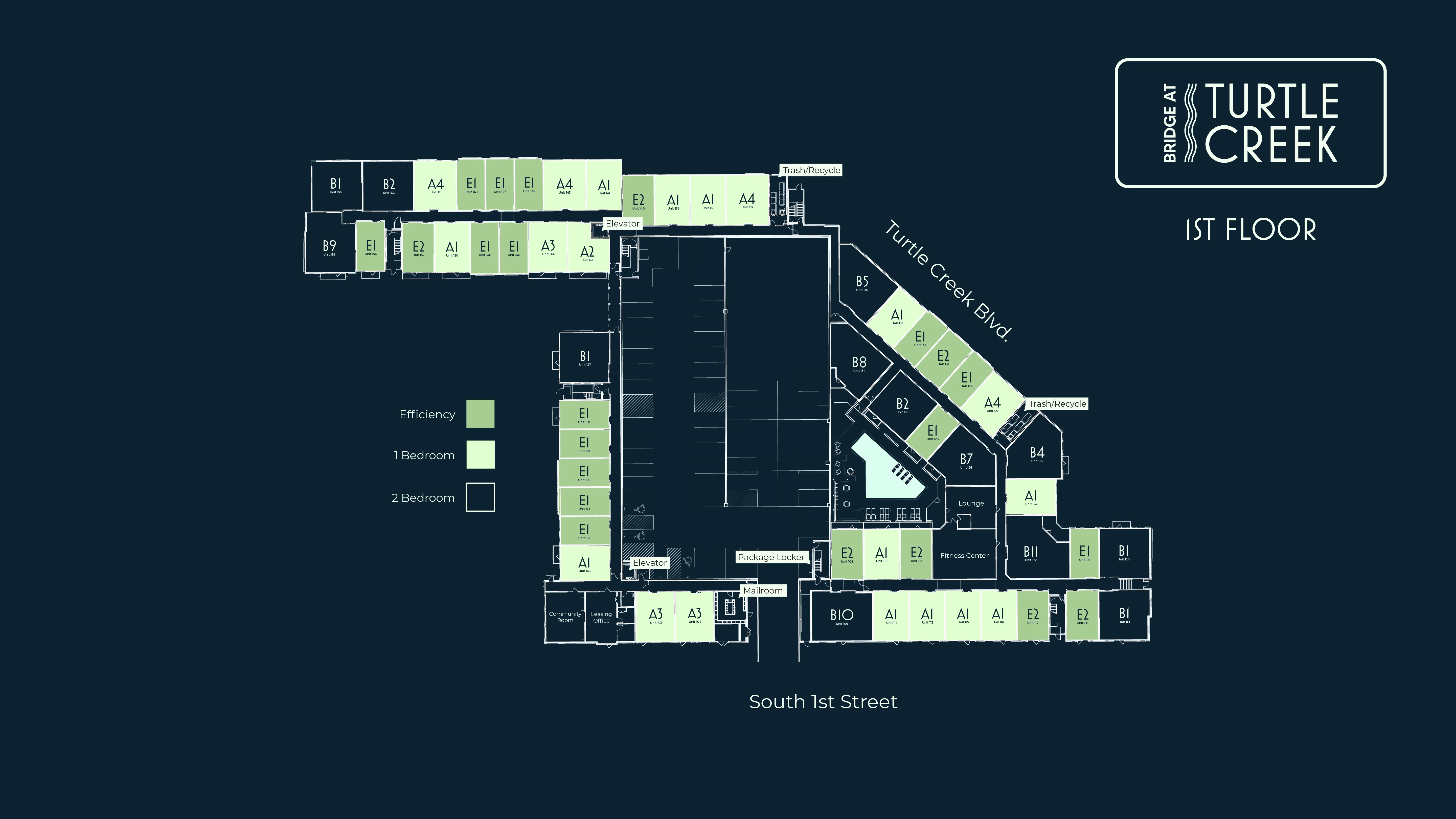 Map of the first floor layout at Turtle Creek, showcasing unit configurations and street names.