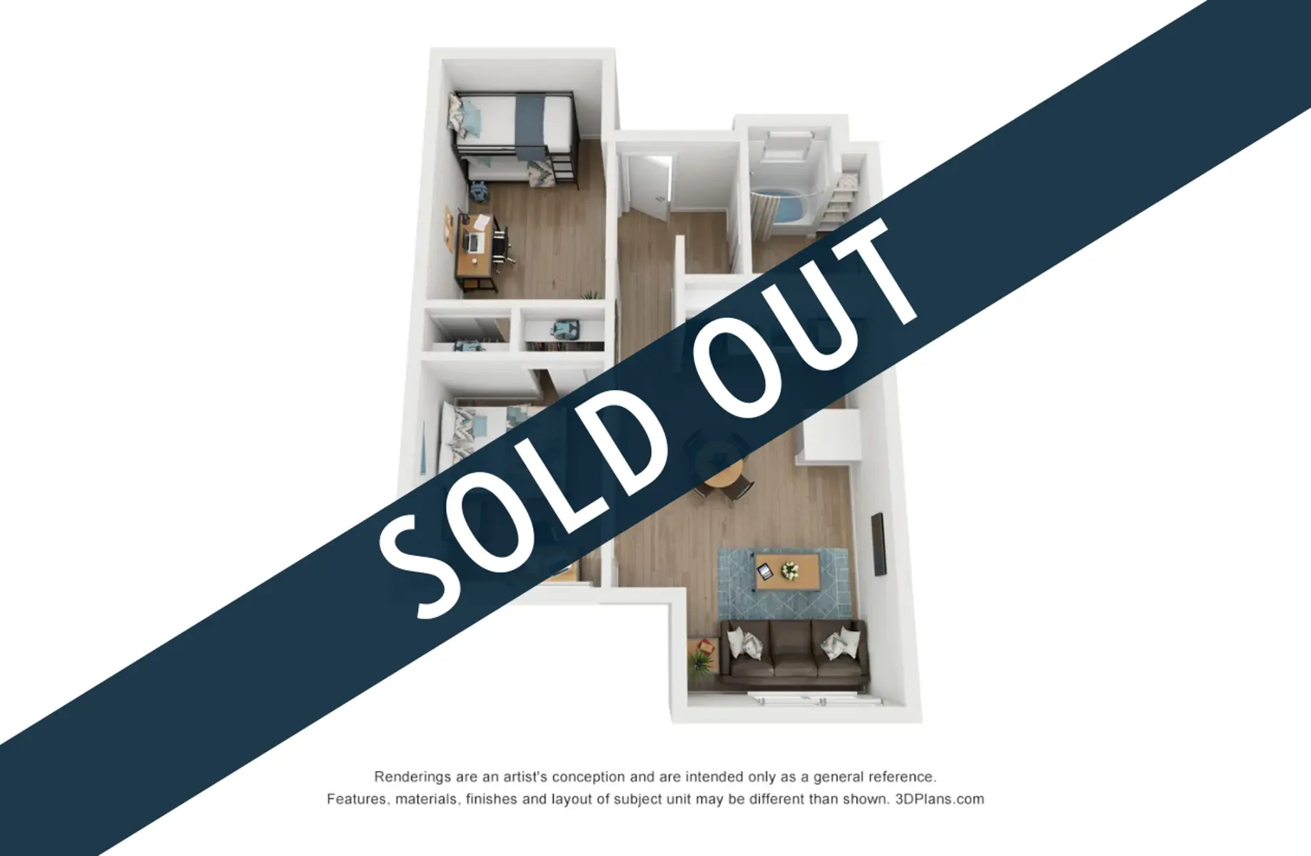 3D floor plan rendering with a 'SOLD OUT' overlay in a diagonal band across the image.