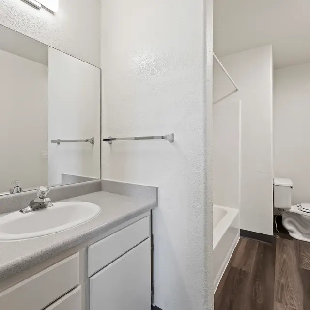 Modern Bathroom Interior A clean, modern bathroom with a sink and mirror, featuring a spacious layout.