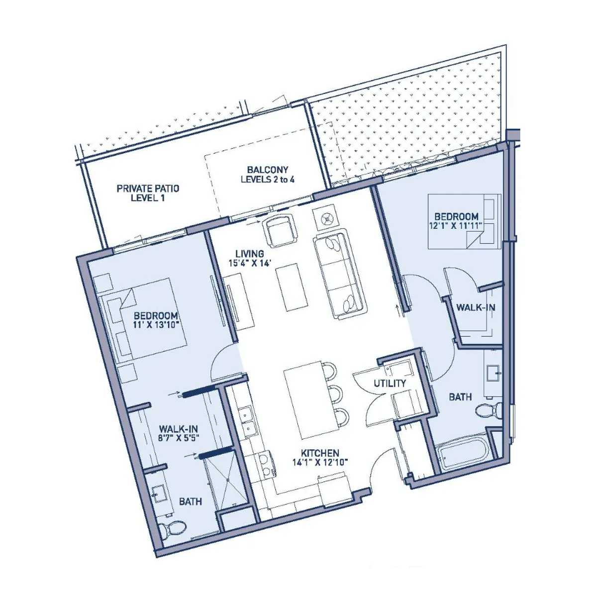 A detailed architectural floor plan layout of an apartment featuring two bedrooms, a living area, kitchen, utility space, and two baths, with a private patio and balcony.