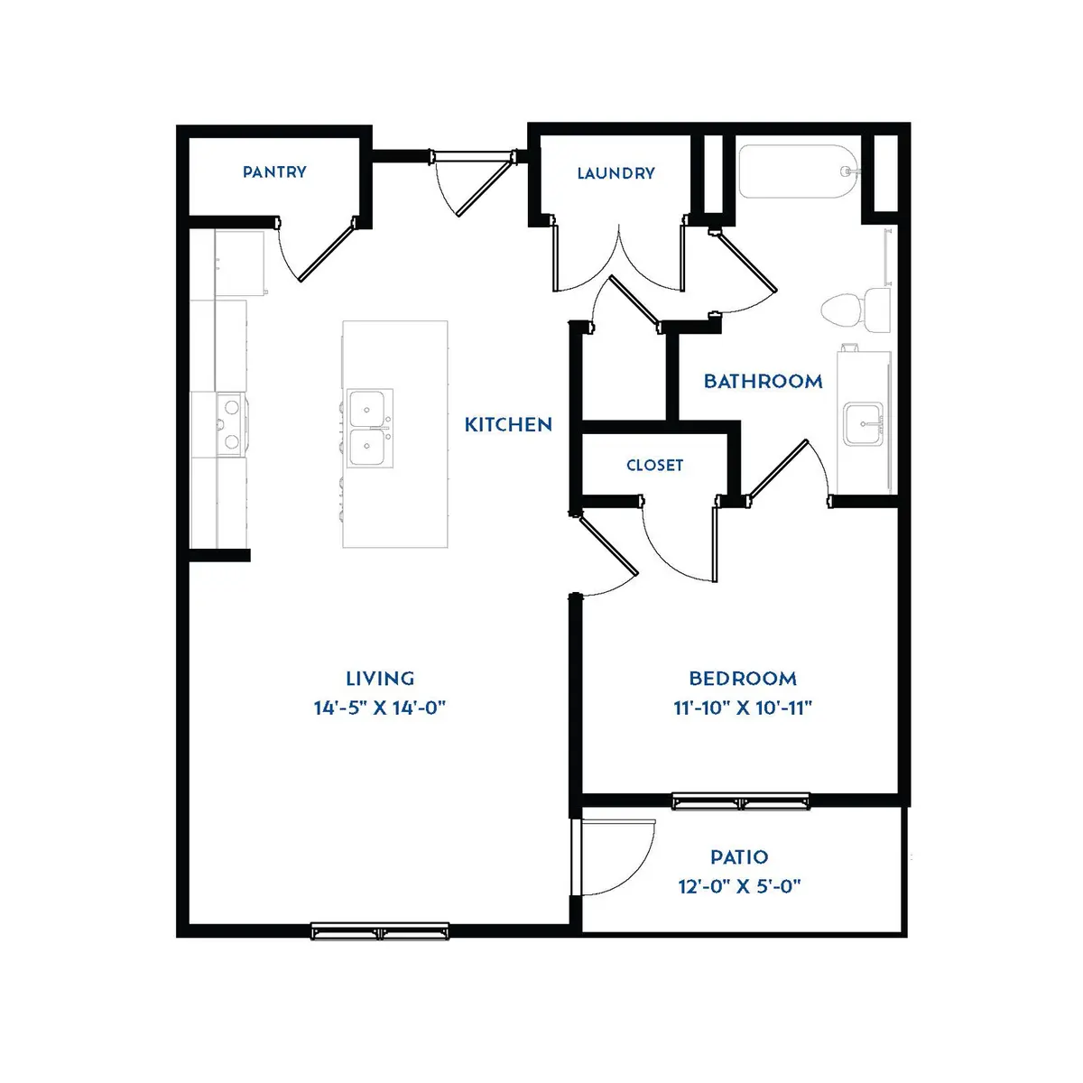 A floor plan of a residential unit showing layout of rooms including kitchen, living room, bedroom, bathroom, and patio.