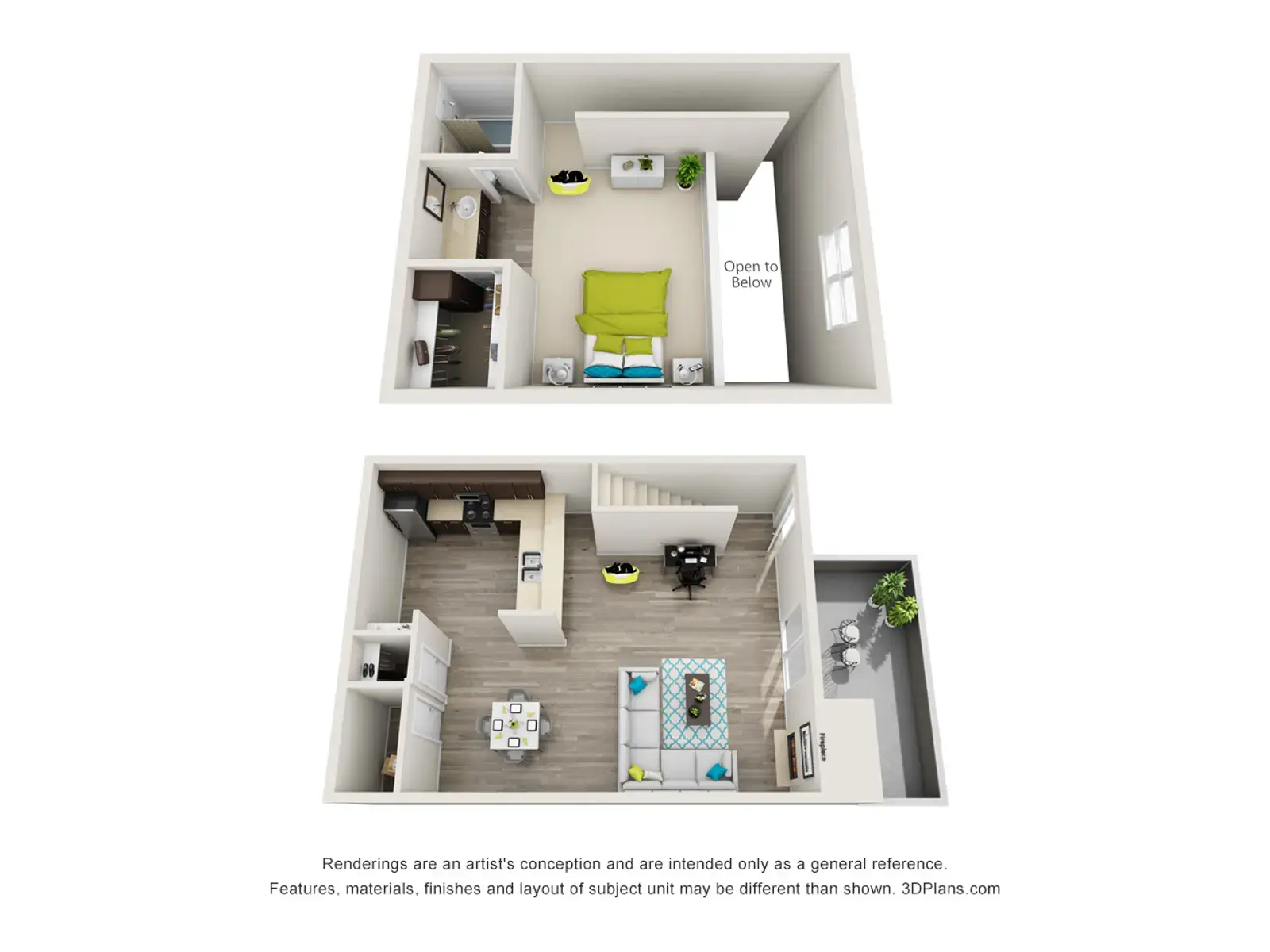 A two-story floor plan featuring a living area, kitchen, and bedroom spaces. The top floor shows a bedroom with a green couch, while the bottom floor includes a living room and dining area.
