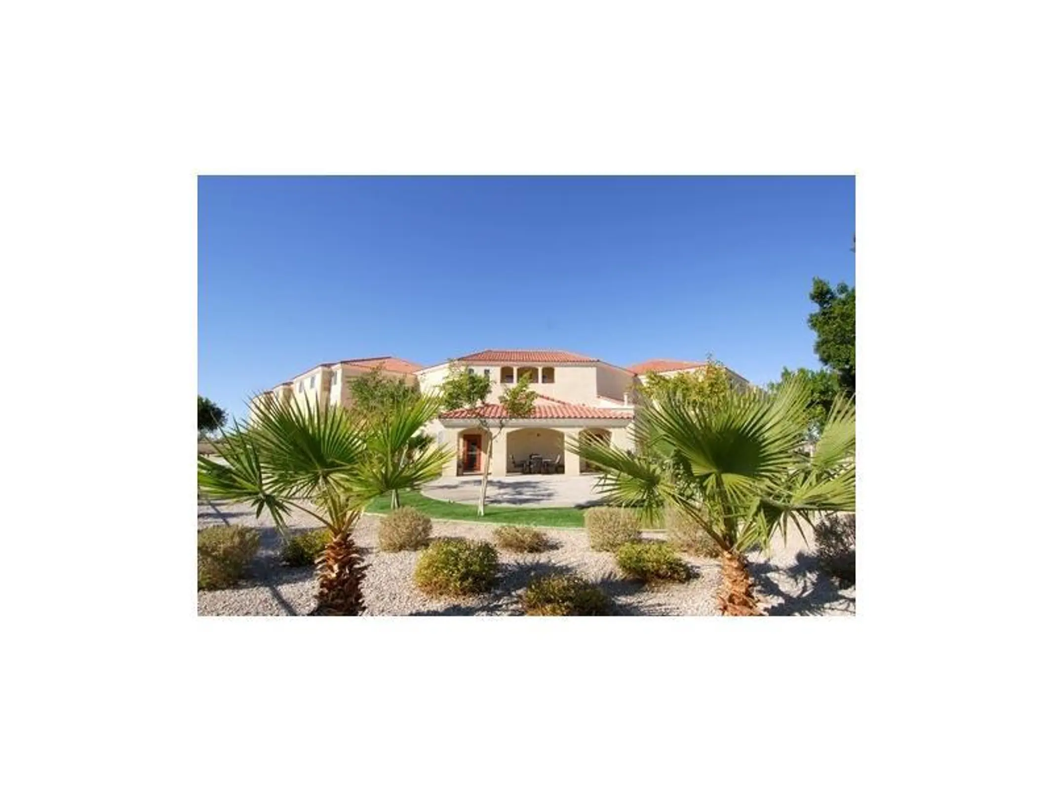 Covered building entrance framed by palms and gravel landscaping.