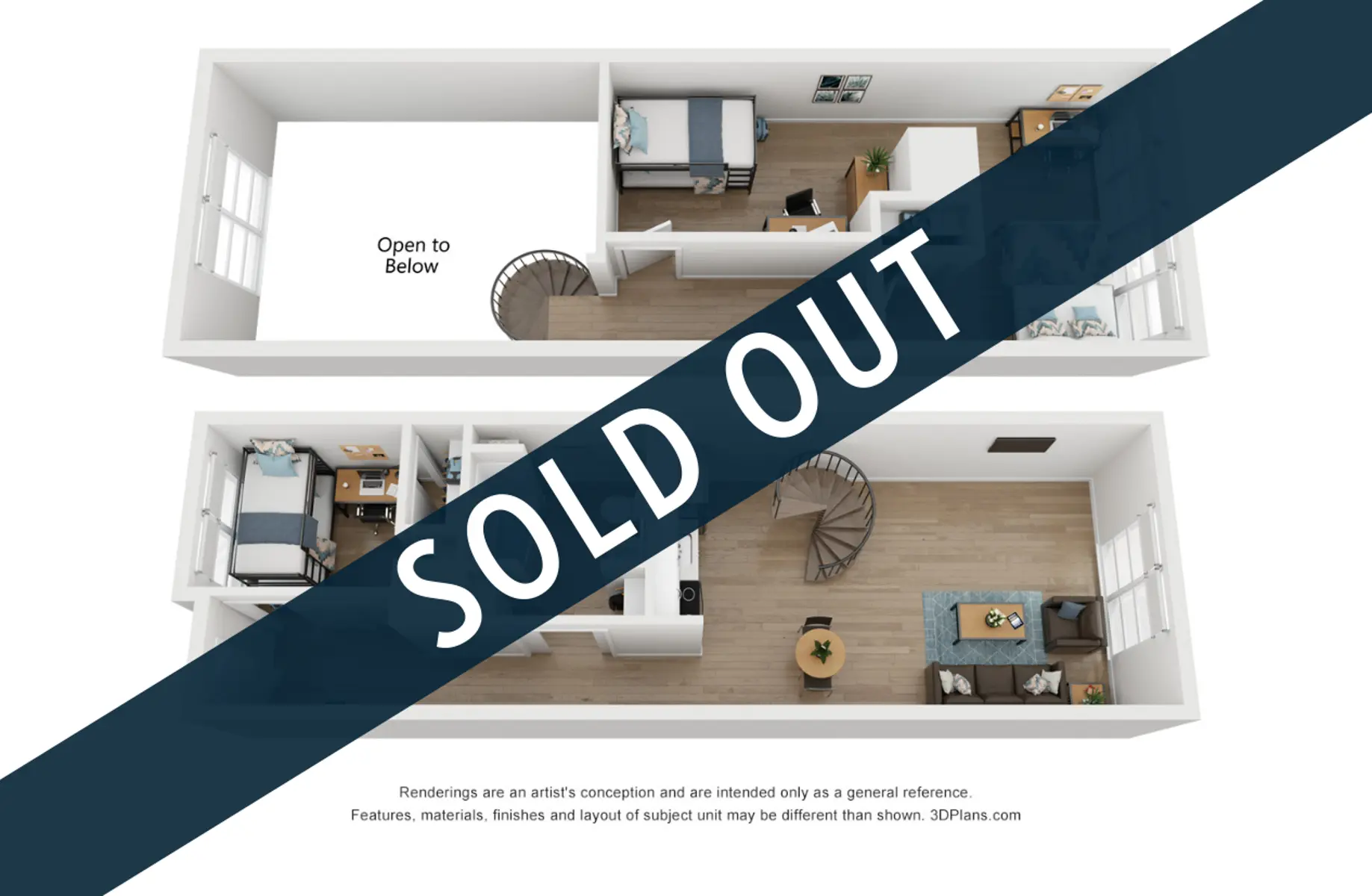A 3D rendering of a two-story floor plan with a bold 'sold out' overlay.
