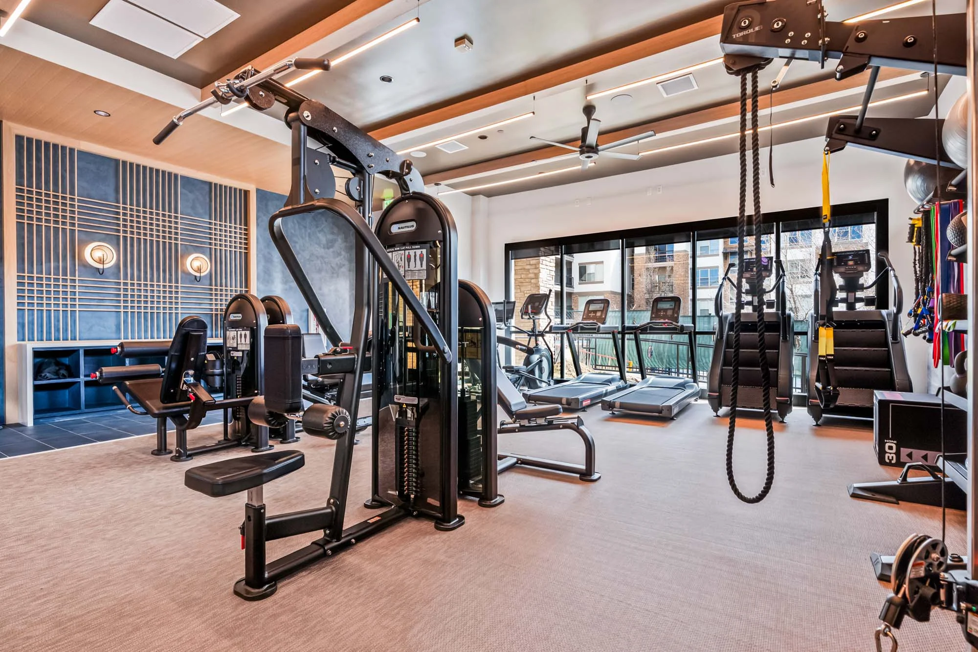 A modern gym interior featuring various workout equipment including machines, dumbbells, and an outdoor view through large windows.