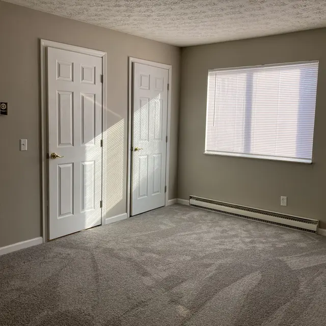An empty room with light gray walls and carpet, featuring two closed doors on the left and a window on the right allowing natural light to enter.