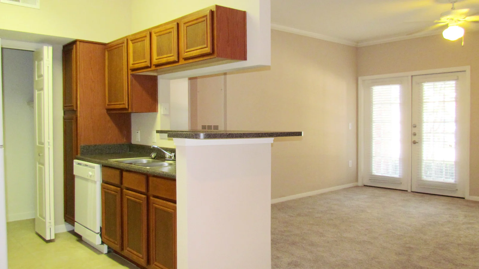 A spacious apartment interior showing a kitchen area with wooden cabinets, a dishwasher, and a countertop that faces a living area.