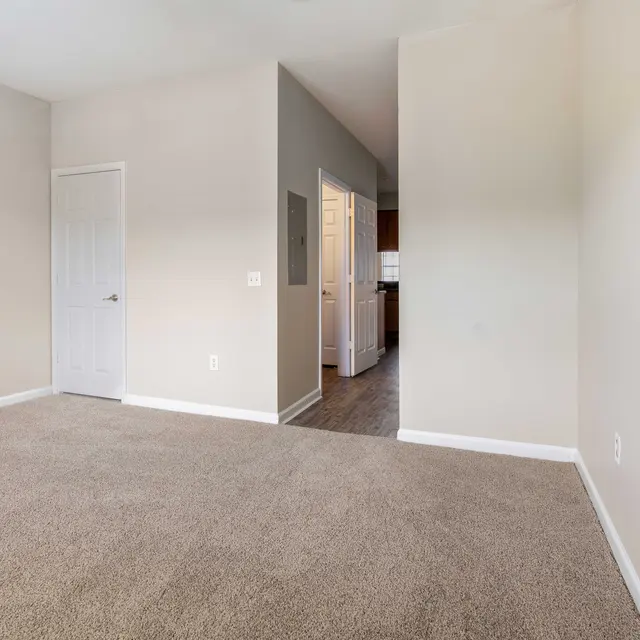 A spacious empty room featuring light gray painted walls and beige carpet flooring. The room has a door on the left leading to another area, and it opens up to a hallway on the right leading to a kitchen area. The overall ambiance is bright and airy.
