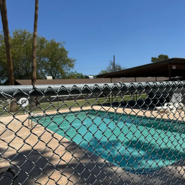 A swimming pool enclosed by a chain link fence with a clear blue sky overhead.